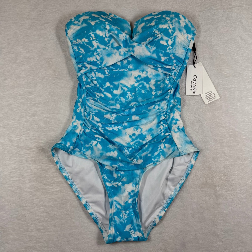 Calvin Klein Womens Blue Floral Tie Dye Strapless One Piece‎ Swimsuit 4 CG2ML715